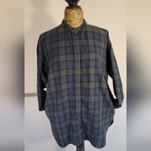 L.L. Bean Flannel Button-Up Long Sleeve Plaid Shirt Blue Green Organic Cotton M